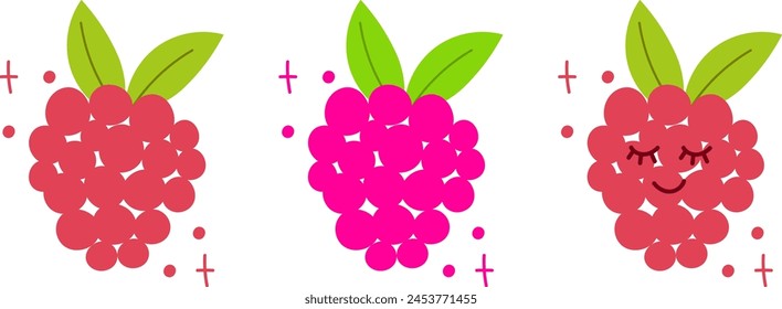 Set of raspberry isolated on white. Vector illustration in doodle style. Cute flat style. Raspberry with kawaii eyes.Funny hand draw fruit piece. Red and pink colors.