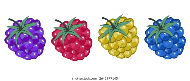 Set of raspberry isolated. Red yellow blue raspberry, blackberry with green leaf. Colorful Fresh tasty berries. Fruits icon. Sweet healthy vitamin. Vector illustration