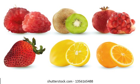 Set of raspberry, kiwi, pormegranate, strawberry, lemon and orange. Set, group or collection of six fruis. Raw fruit. Concept good nutrition, healthy food and lifestyle. Vector illustration