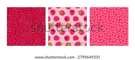 Set Of Raspberry Patterns, Seamless Berry Vector Patterns. Repeating Tiles With Fresh Raspberries. Sweet Fruit Theme, Fabric, Paper, Wrapping, Packaging, Textile, Wallpaper, Stationery, Summer Design.