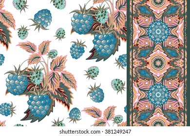 Set of raspberry seamless pattern and border (band). Pastel summer vector background for textiles, pillow & interior decoration, wrapping paper, food & drink package decoration.