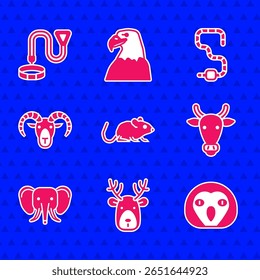 Set Rat, Deer head with antlers, Owl bird, Cow, Elephant, Head of goat or ram, Worm and Collar name tag icon. Vector