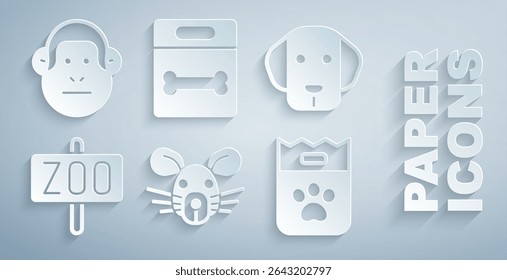 Set Rat head, Dog, Zoo park, Bag of food, bone and Monkey icon. Vector