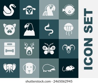 Set Rat, Head of goat or ram, Jellyfish, Macaw parrot, Eagle head, Cat, Swan bird and Snake icon. Vector