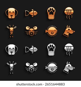 Set Rat head, Jellyfish, Dog, Puffer, Giraffe, Paw print,  and Fish icon. Vector