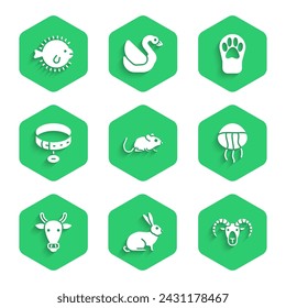 Set Rat, Rabbit, Head of goat or ram, Jellyfish, Cow head, Collar with name tag, Paw print and Puffer icon. Vector