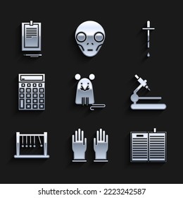 Set Rat, Rubber gloves, Open science book, Microscope, Pendulum, Calculator, Pipette and Clipboard with document icon. Vector