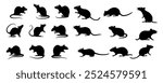 A set of Rat silhouette black color in different sitting and standing style, side pose and playing. Vector