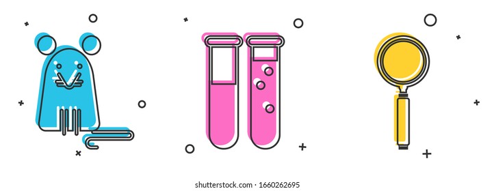 Ponga Rata, Tubo de ensayo y el laboratorio químico del matraz y el icono de vidrio de aumento. Vector