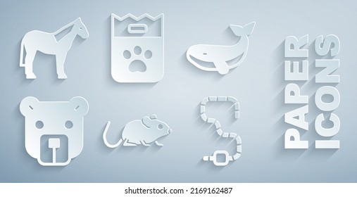 Set Rat, Whale, Bear head, Worm, Bag of food and Horse icon. Vector