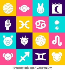 Set Rat zodiac, Leo, Solstice, Rabbit, Pisces, Palmistry of the hand, Planet Venus and Cancer icon. Vector