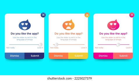 Set of Rate notification pop up banners with emoji. Professional web design, mobile ui elements. User-friendly design materials. Vector EPS 10
