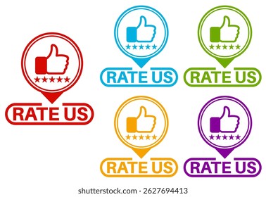 set rate us icon. Five stars product rating review symbol thumb up sign sticker social media label template design vector illustration