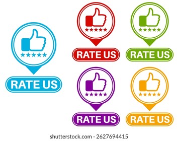 set rate us icon. Five stars product rating review symbol thumb up sign sticker social media label template design vector illustration