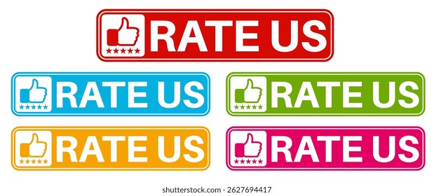 set rate us icon. Five stars product rating review symbol thumb up sign sticker social media label template design vector illustration