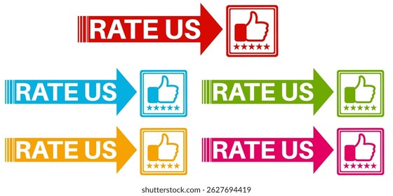 set rate us icon. Five stars product rating review symbol thumb up sign sticker social media label template design vector illustration