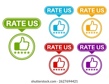 set rate us icon. Five stars product rating review symbol thumb up sign sticker social media label template design vector illustration