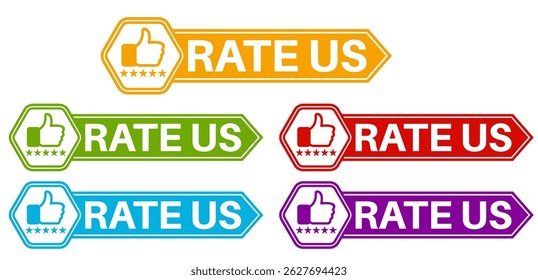 set rate us icon. Five stars product rating review symbol thumb up sign sticker social media label template design vector illustration