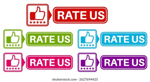 set rate us icon. Five stars product rating review symbol thumb up sign sticker social media label template design vector illustration