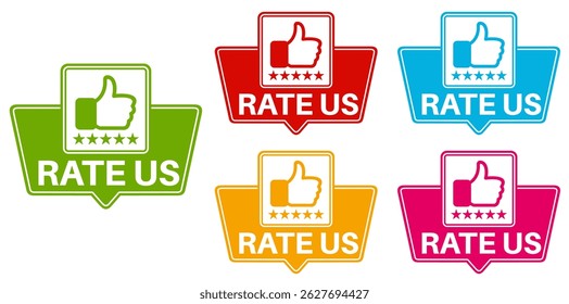 set rate us icon. Five stars product rating review symbol thumb up sign sticker social media label template design vector illustration