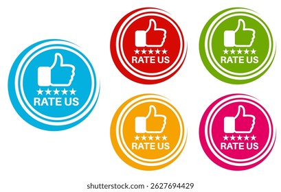set rate us icon. Five stars product rating review symbol thumb up sign sticker social media label template design vector illustration