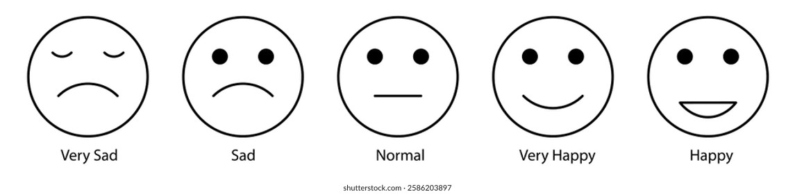 Set of rating emotion face. Very happy, happy, neutral, sad and very sad emojis with a rating scale.