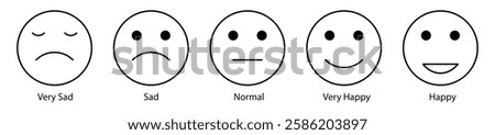 Set of rating emotion face. Very happy, happy, neutral, sad and very sad emojis with a rating scale.