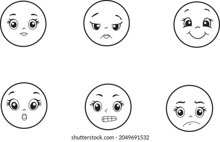 Set of rating emotion faces.  White background. Vector illustration. Calm, sad, cheerful, irritated, resentful, agitated.