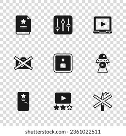 Set Rating movie, Science fiction, No smoking, Play Video, Online play video, Scenario, Sound mixer controller and Prohibition no recording icon. Vector