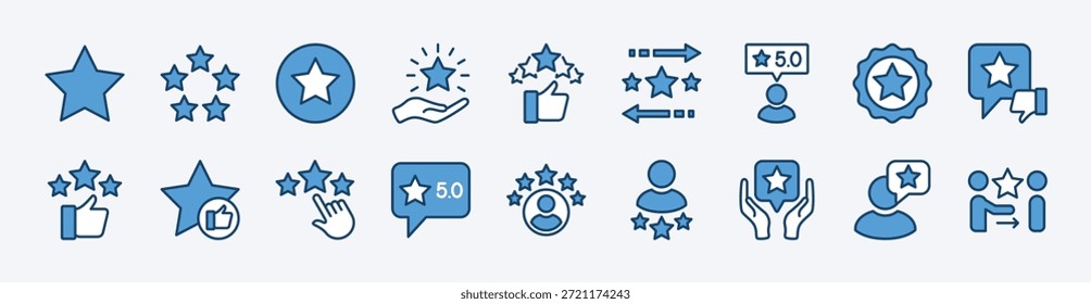 Set of rating, review, satisfaction icon vector. Contains five stars, thumb up and down, positive for customer service, feedback, best quality, testimonial, opinion, evaluation, performance - illustration