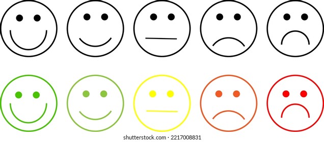 Set of rating satisfaction. Emotion rating feedback in line style. User experience feedback. Different mood smiley emoticons - excellent, good, normal, bad, awful. Concept from positive to negative.