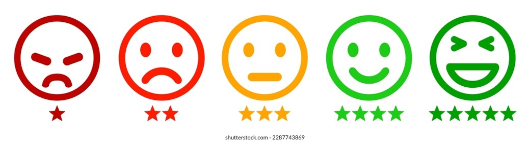 Establecer botones de signo de clasificación. Icono de reacciones en las redes sociales de Emoji. Los clientes lo comentan con una sonrisa alegre. Clasificación de emoticonos de dibujos animados - vector de existencias