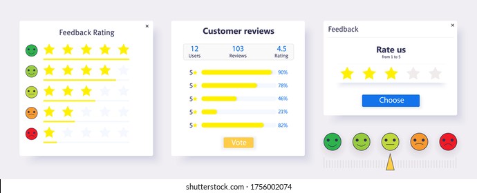 Set rating star. Concept of survey, award symbol, blog excellent frame banner ui/ux design. Modern feedback survey template. Colorful emotion smiles from rage to satisfied. Feedback form of the client