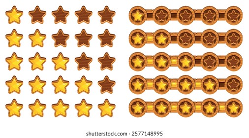 Set rating stars. Feedback bar. Wooden board, brown timber, customers opinion icon, quality button. Website ui, game menu interface panel collection. Cartoon flat isolated vector set