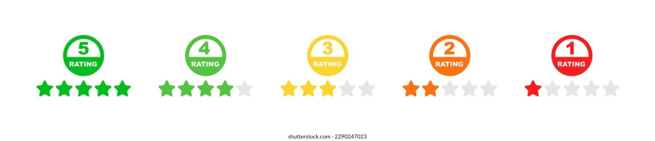 Conjunto de estrellas de clasificación. Comentarios del cliente de 1 a 5 estrellas. Revisión del cliente. Servicio de calidad de evaluación.