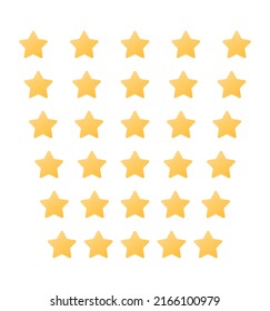 set of rating stickers with five gold stars on a white background. Flat design. White background. Isolated vector icon. Vector golden background. Vector graphics.