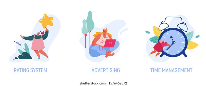 Set Rating System, Advertising and Time Management Isolated on White Background. Woman Holding Golden Star, Girl Working on Laptop, Businesswoman with Huge Alarm Clock Cartoon Flat Vector Illustration