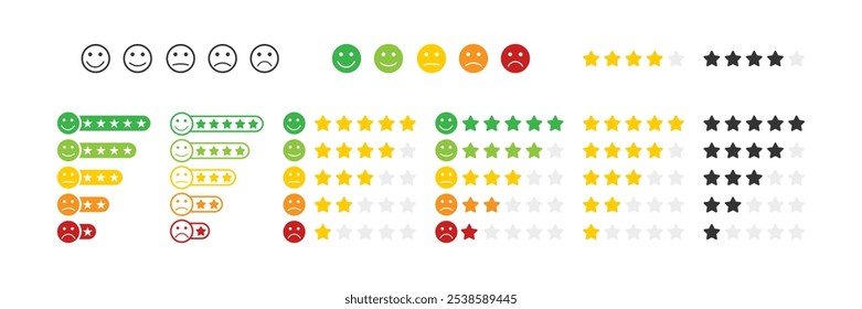 Conjunto de iconos vectoriales de clasificación que representan diferentes niveles de satisfacción: caras sonrientes, estrellas dispuestas en orden ascendente