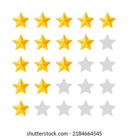 Serie de clasificaciones de una a cinco estrellas. Estrellas amarillas en fondo blanco. Evaluación de la retroalimentación en el vector