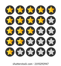 Set of ratings from one to five stars. Yellow rating stars in dark circles backgrounds. Feedback evaluation in vector