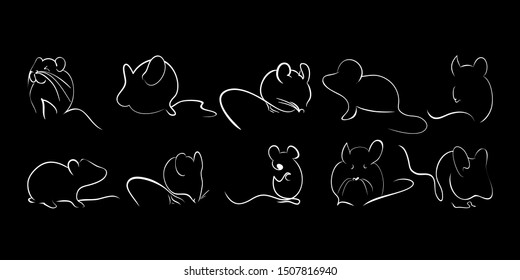 Set of rats drawn outline. Mouse minimalistic sketch. Vector illustration. Mouse white line. New Year 2020 symbol