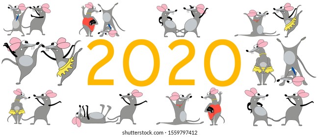 Set of rats, mice in different poses and situations, as a symbol of 2020, vector illustration on an isolated white background for banner, poster