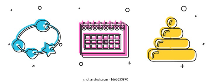 Set Rattle baby toy, Calendar and Pyramid toy icon. Vector