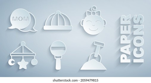 Set Rattle baby toy, Little girl head, Baby crib hanging toys, Sandbox with sand and shovel, hat and Speech bubble mom icon. Vector