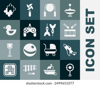 Set Rattle baby toy, Toy plane, Drum with drum sticks, Jump rope, Gamepad, Rubber duck, Puzzle pieces and Dart arrow icon. Vector
