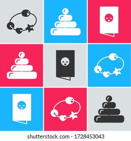 Set Rattle baby toy, Pyramid toy and Baby shower invitations card, poster icon. Vector