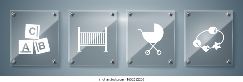 Set Rattle baby toy, Baby stroller, Baby crib cradle bed and ABC blocks. Square glass panels. Vector
