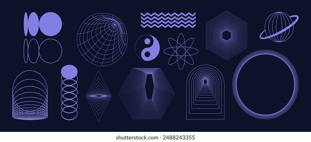Set of rave psychedelic retro futuristic elements from 90s, 00s. Aesthetic contemporary stripe line art, geometric shape in monochrome. Vector illustration. design for wall art, decoration, wallpaper.