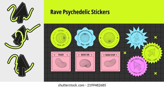 Set of rave psychedelic stickers. Flat vector illustration with 3d wireframe models, brutalism forms, acid stickers. Concept techno style 90s.