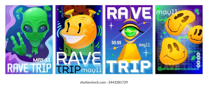 Set of rave trip party posters. Psychedelic invitations to groovy event with alien, acid emoji and pyramid with eye. Hippie retro covers. Cartoon flat vector illustrations isolated on white background